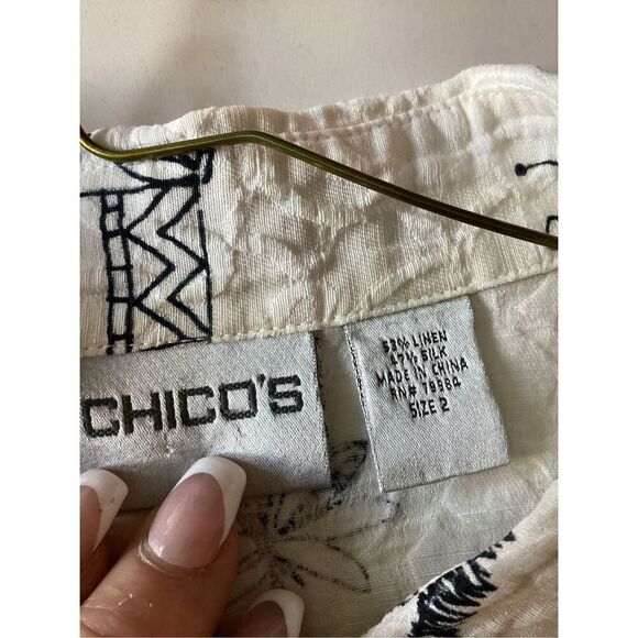 Chico’s Linen Silk Safari Print Button Down Shirt Sz 2 US 12 Black White - Picture 5 of 8